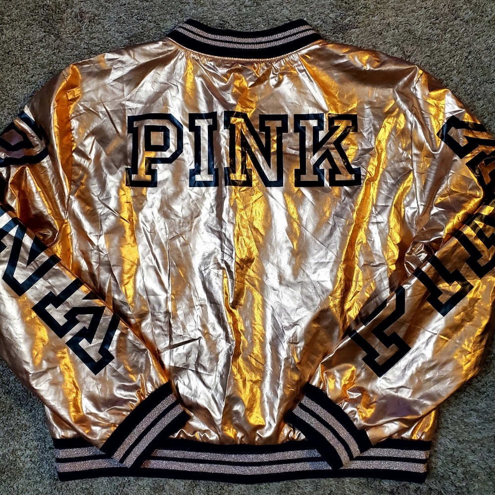 Victoria's Secret Pink Gold Metallic Bomber Jacket NWT size large!